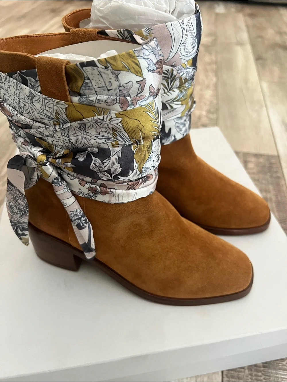 Robert Clergerie Tan Suede Ankle Boots with Printed Scarf Cuff